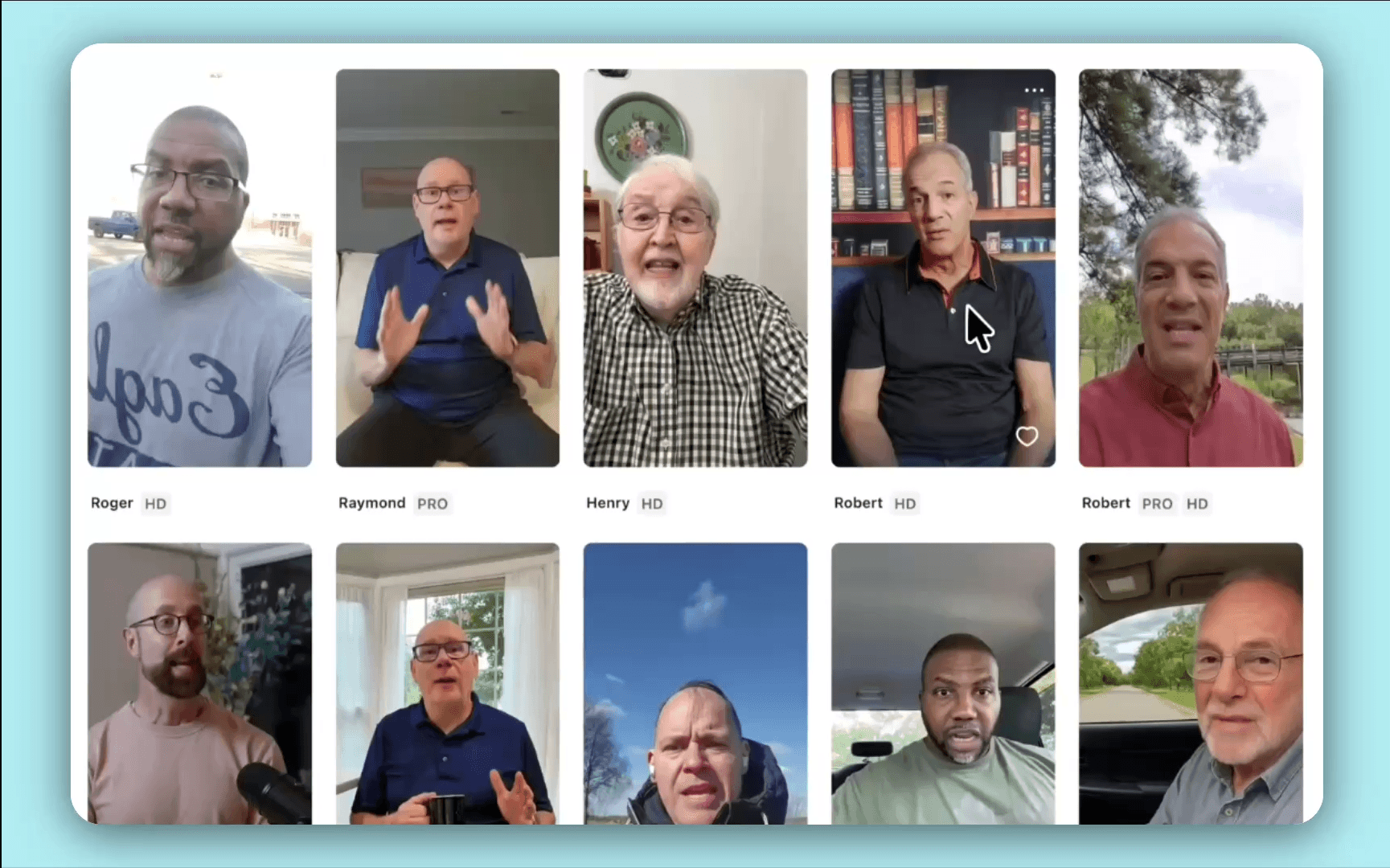 Arcads AI actor library: a grid of older male actors filming selfie-style videos, labelled HD and PRO