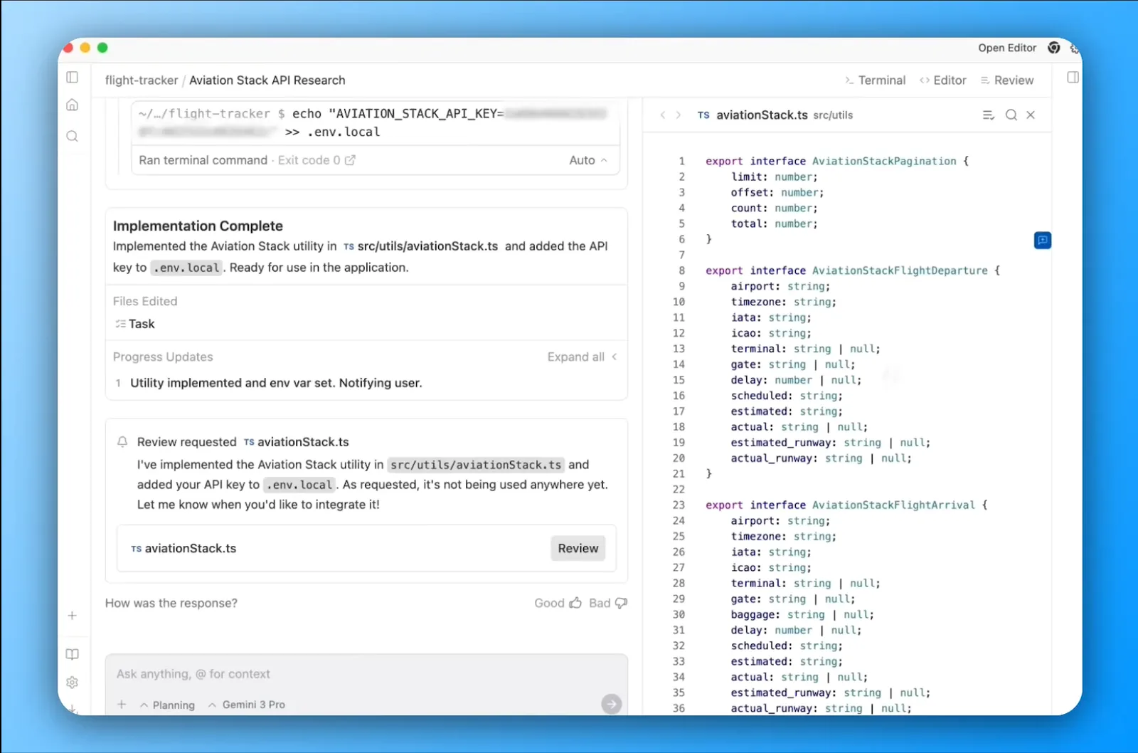 Google Antigravity running Gemini 3 Pro: an Implementation Complete message next to the generated aviationStack.ts file