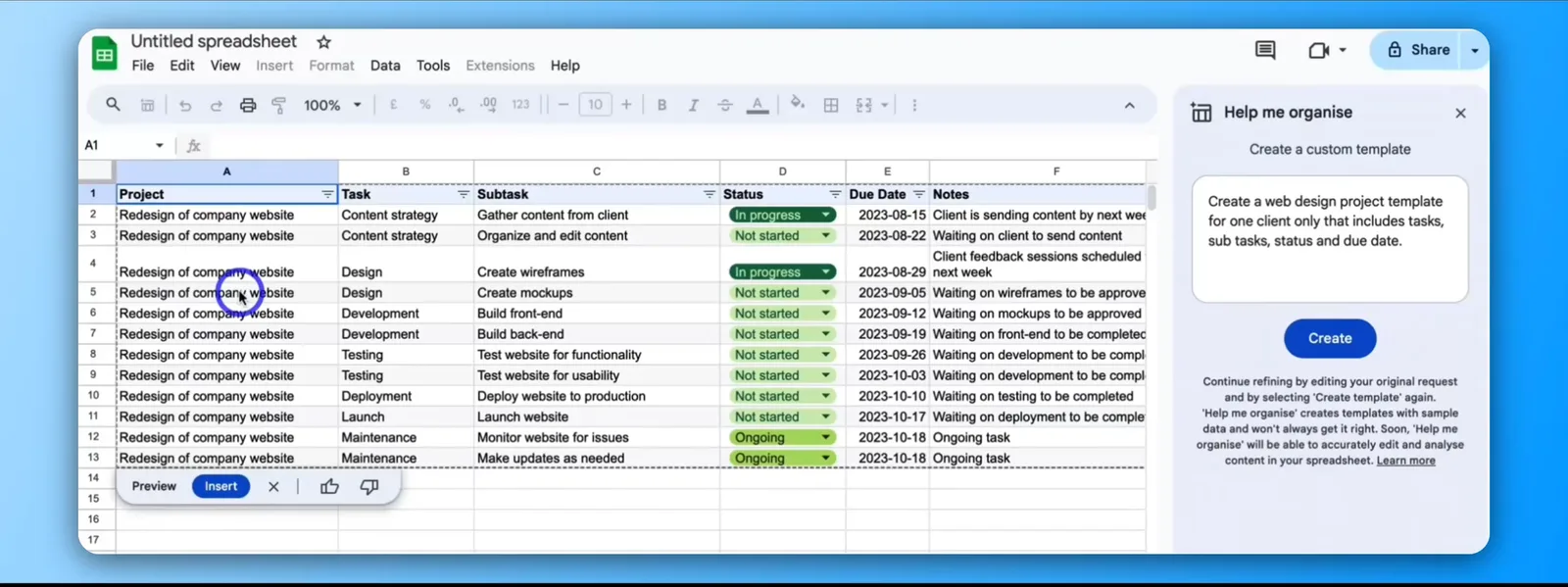 Gemini's Help me organise panel in Google Sheets building a website-redesign project template with tasks and due dates