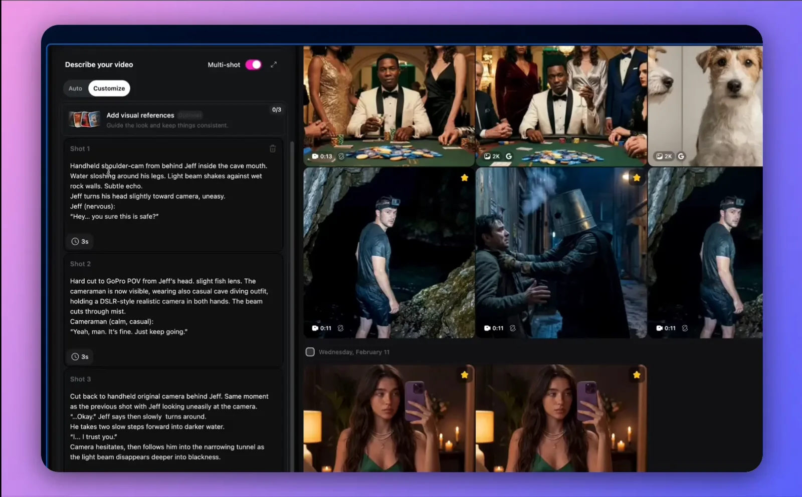 Kling multi-shot editor: three written shot prompts on the left and the generated clips on the right