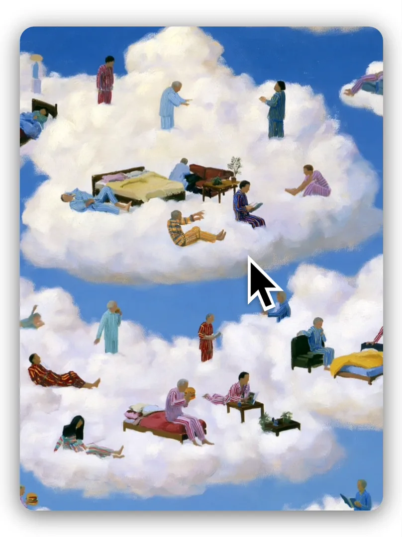 Midjourney image in a painted style: people in striped pyjamas with beds and armchairs on clouds in a blue sky