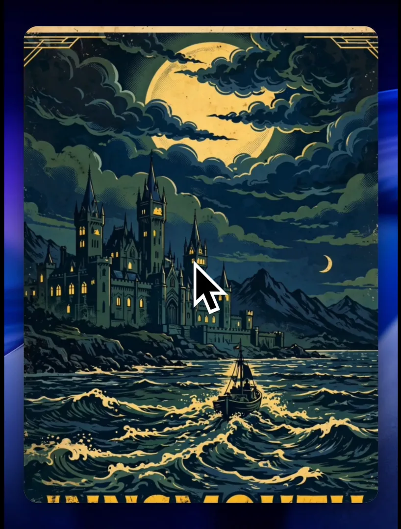 NightCafe image in a vintage poster style: a lit castle on a cliff under a full moon, with a small boat on rough sea