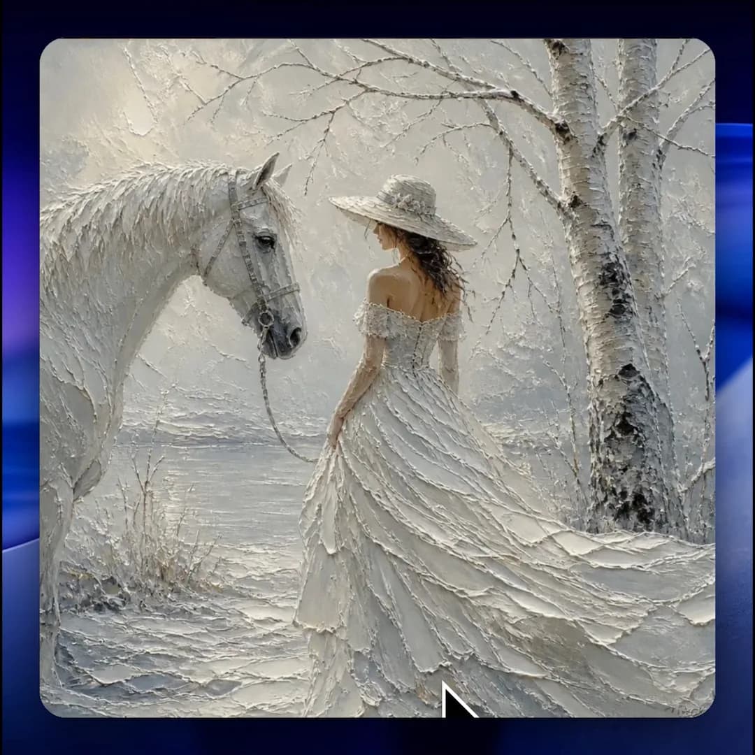 NightCafe image in a textured impasto style: a woman in a white dress and sun hat beside a white horse under birch trees