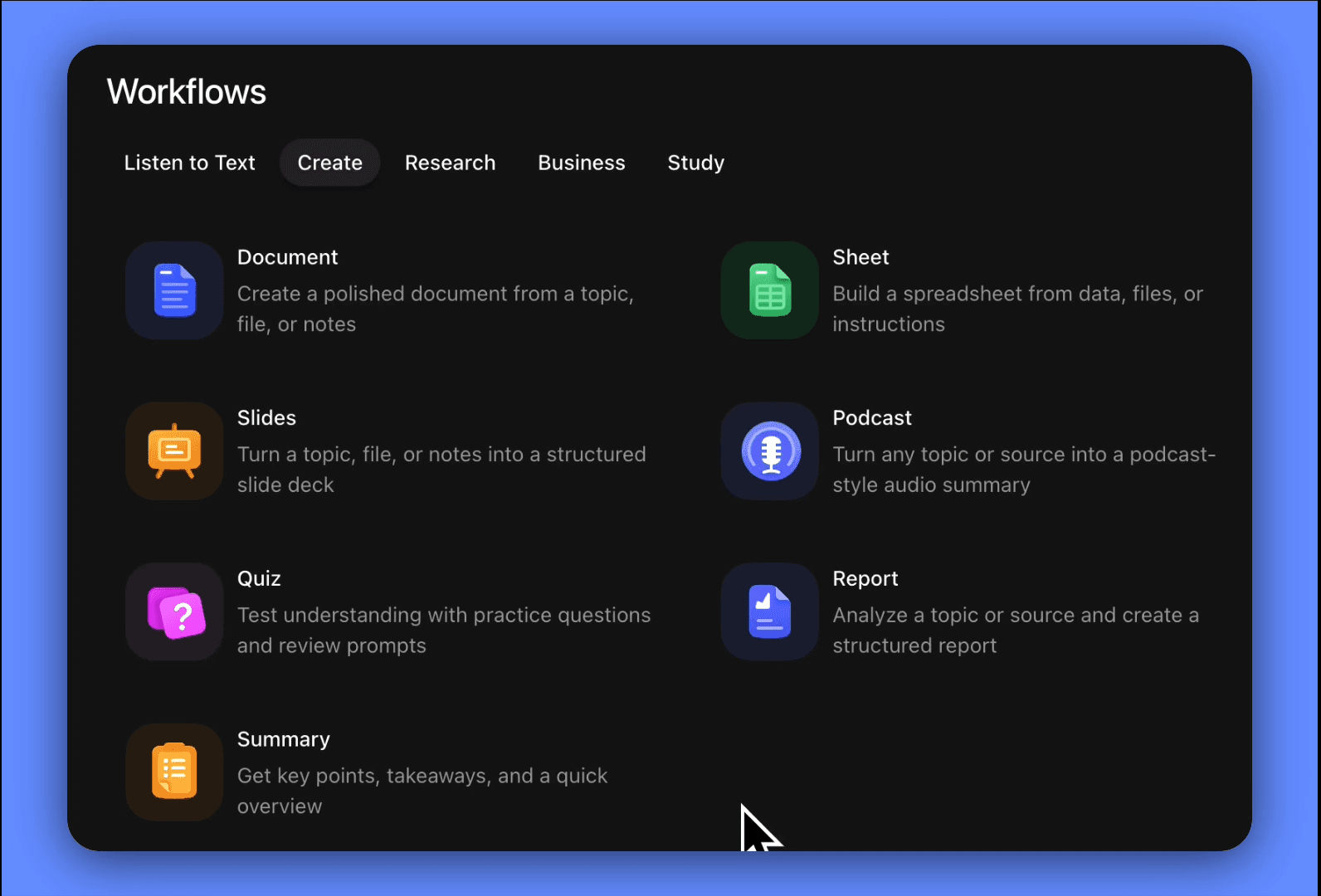 Speechify's Workflows menu on the Create tab: Document, Sheet, Slides, Podcast, Quiz, Report and Summary options