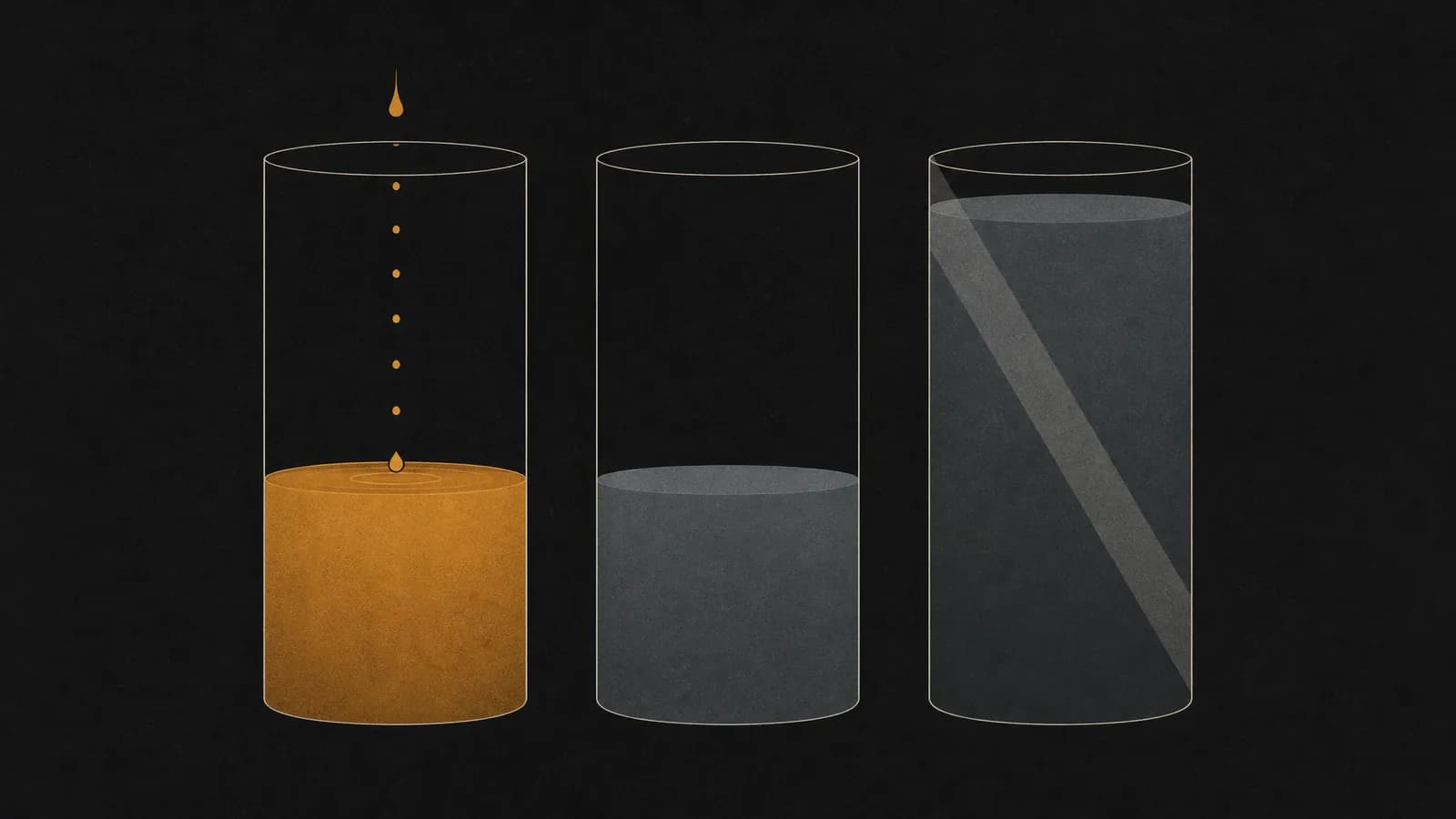 Conceptual illustration: three vessels showing three kinds of free tier — one continuously refilling, one at a fixed level that never refills, one full but overlaid with a watermark band