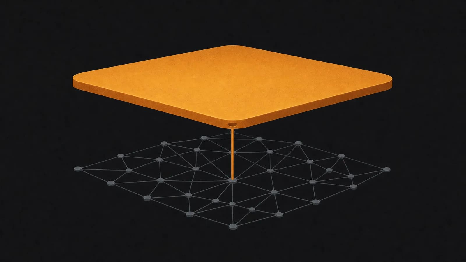 Conceptual illustration: two stacked layers joined by a single connector — a smooth consumer surface above, an exposed technical lattice below