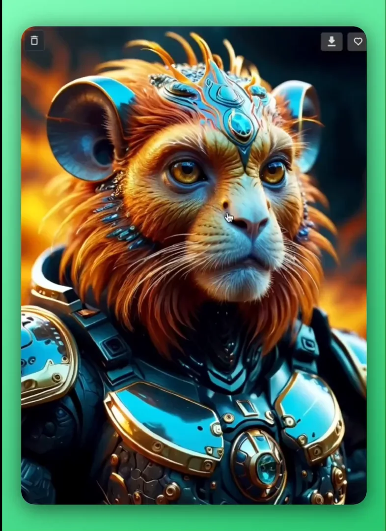 DALL-E 3 image of a lion-like creature in blue and gold sci-fi armour against a fiery background