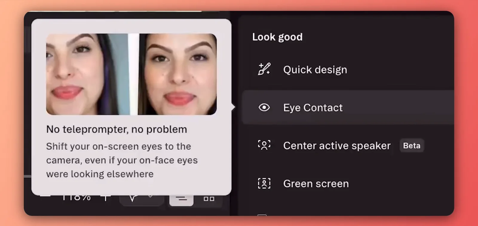 Descript's Look good menu with the Eye Contact option and its before-and-after preview of redirected gaze