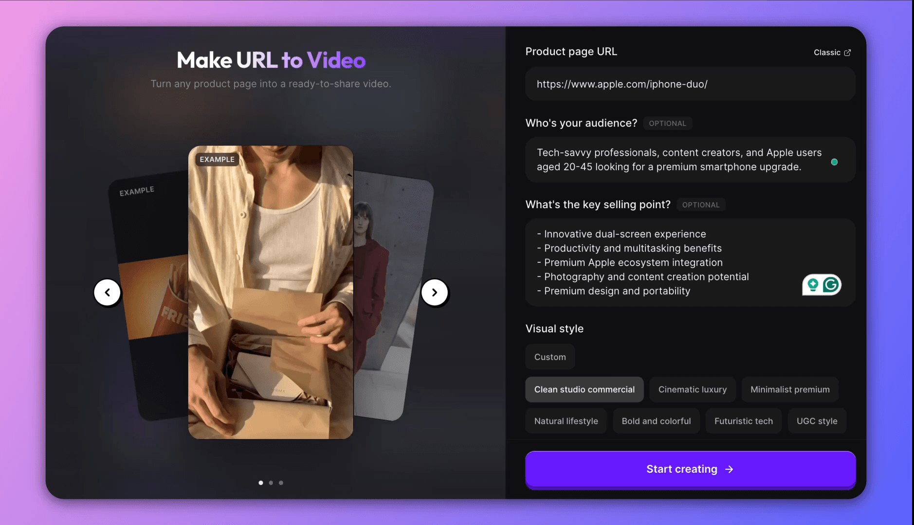 TopView AI's Make URL to Video form with a product page URL, audience and key selling point filled in, a visual style selected and example video thumbnails on the left
