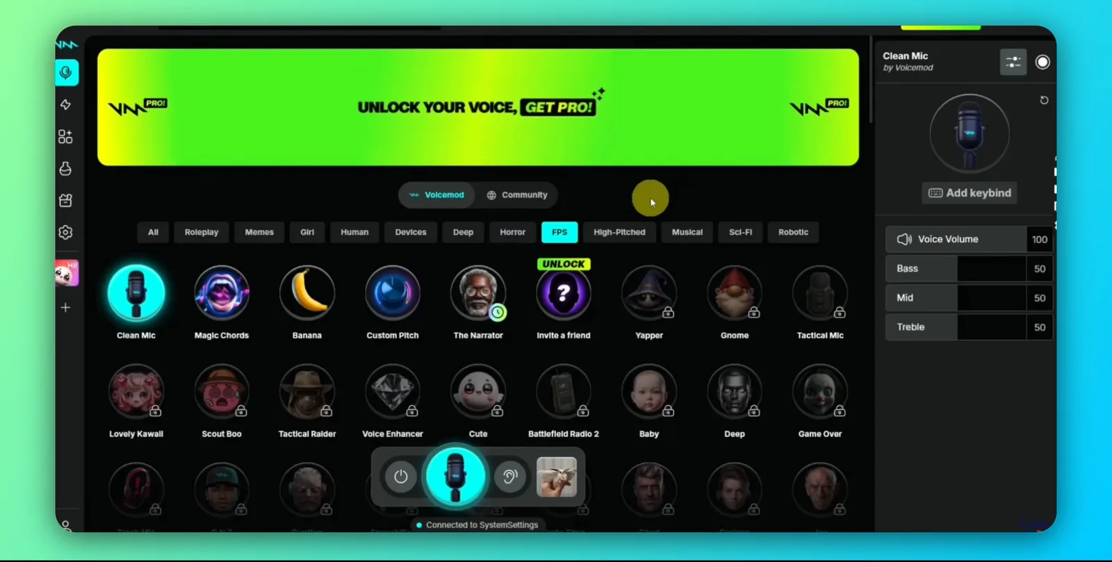 Voicemod desktop voice library filtered to FPS, with Clean Mic selected and the bass, mid and treble sliders