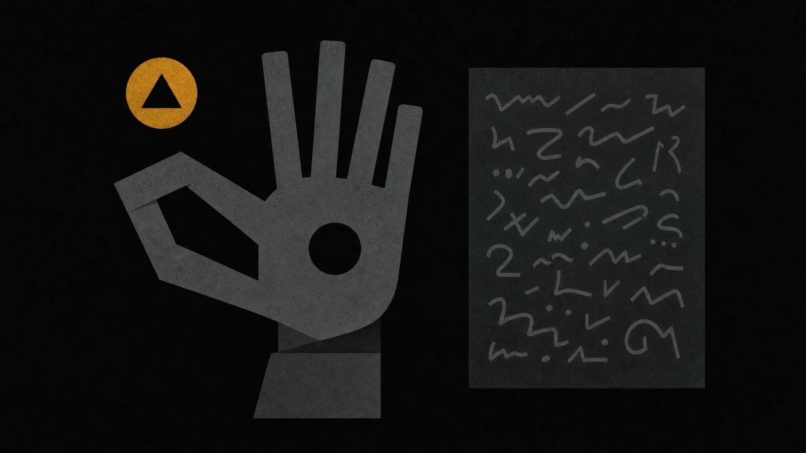 Conceptual illustration: a geometric hand with the wrong number of fingers beside a panel of deliberately garbled marks, standing for the two failures these models still make