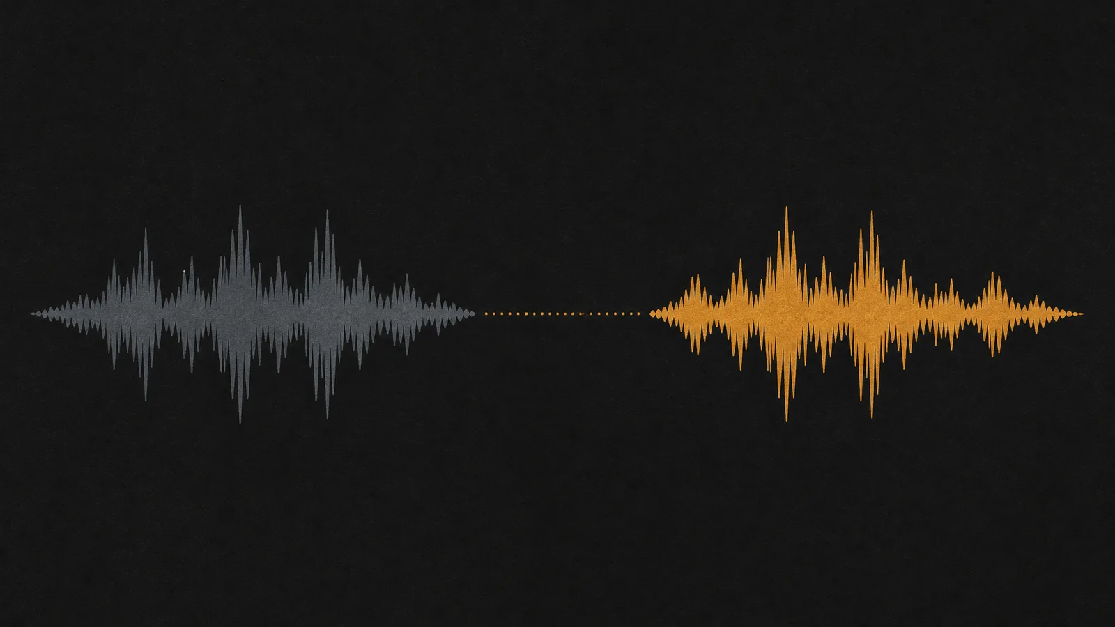 Conceptual illustration: one waveform mirrored into a near-identical second waveform, standing for a cloned voice reproducing an original