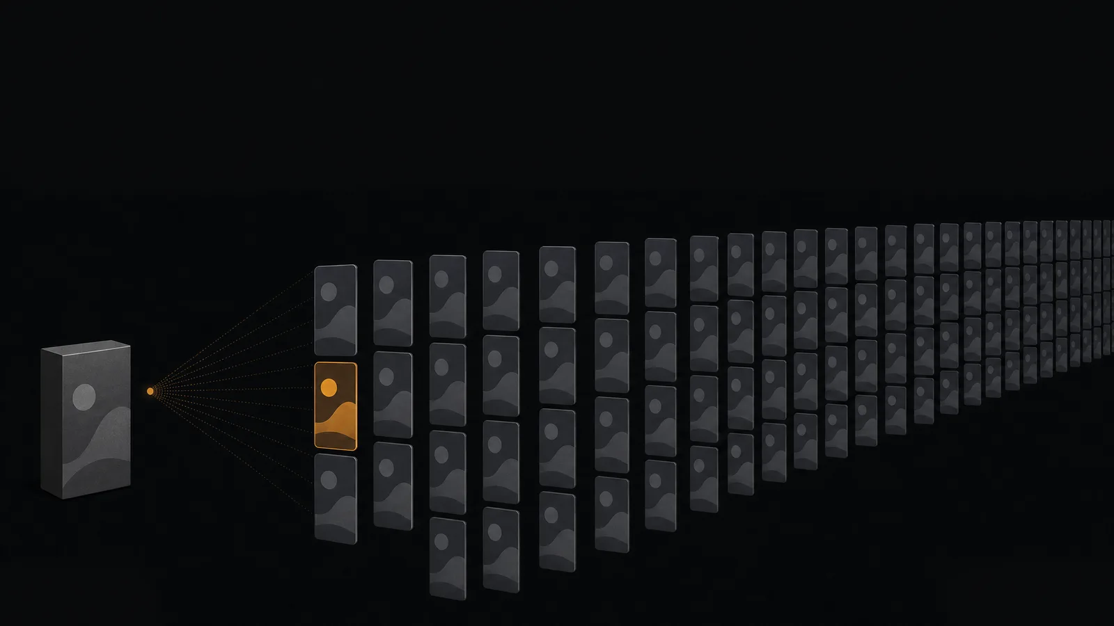 Conceptual illustration: one product fanning out into dozens of near-identical vertical ad variants, with a single one highlighted